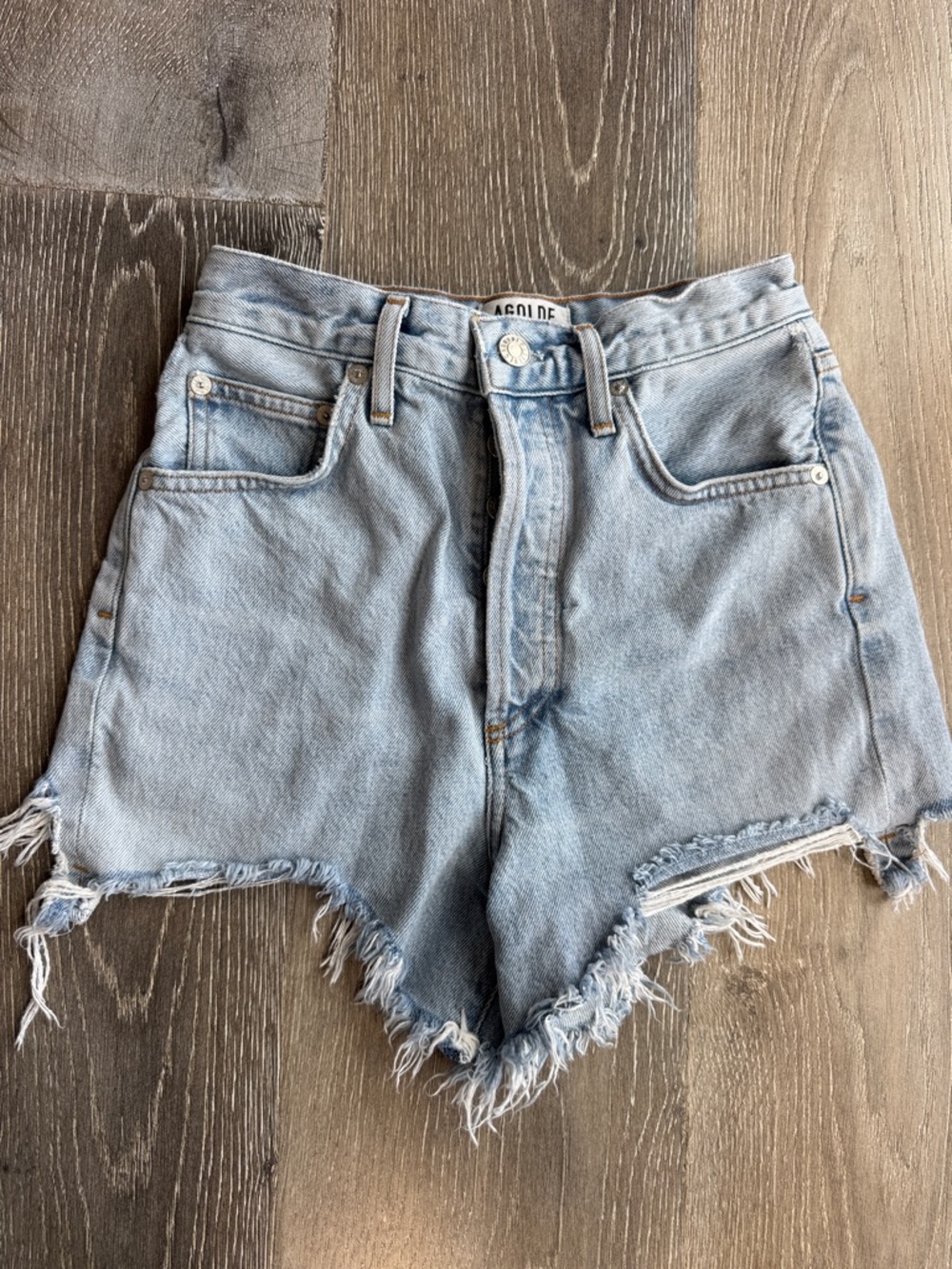 Agolde Light Wash Distressed Frayed Hem Denim Shorts AZ0498